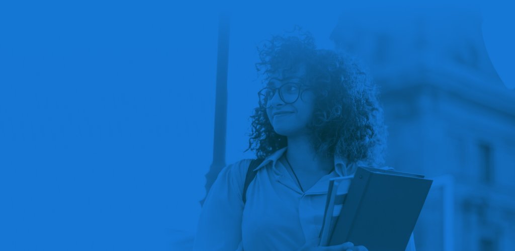 blue banner with female student